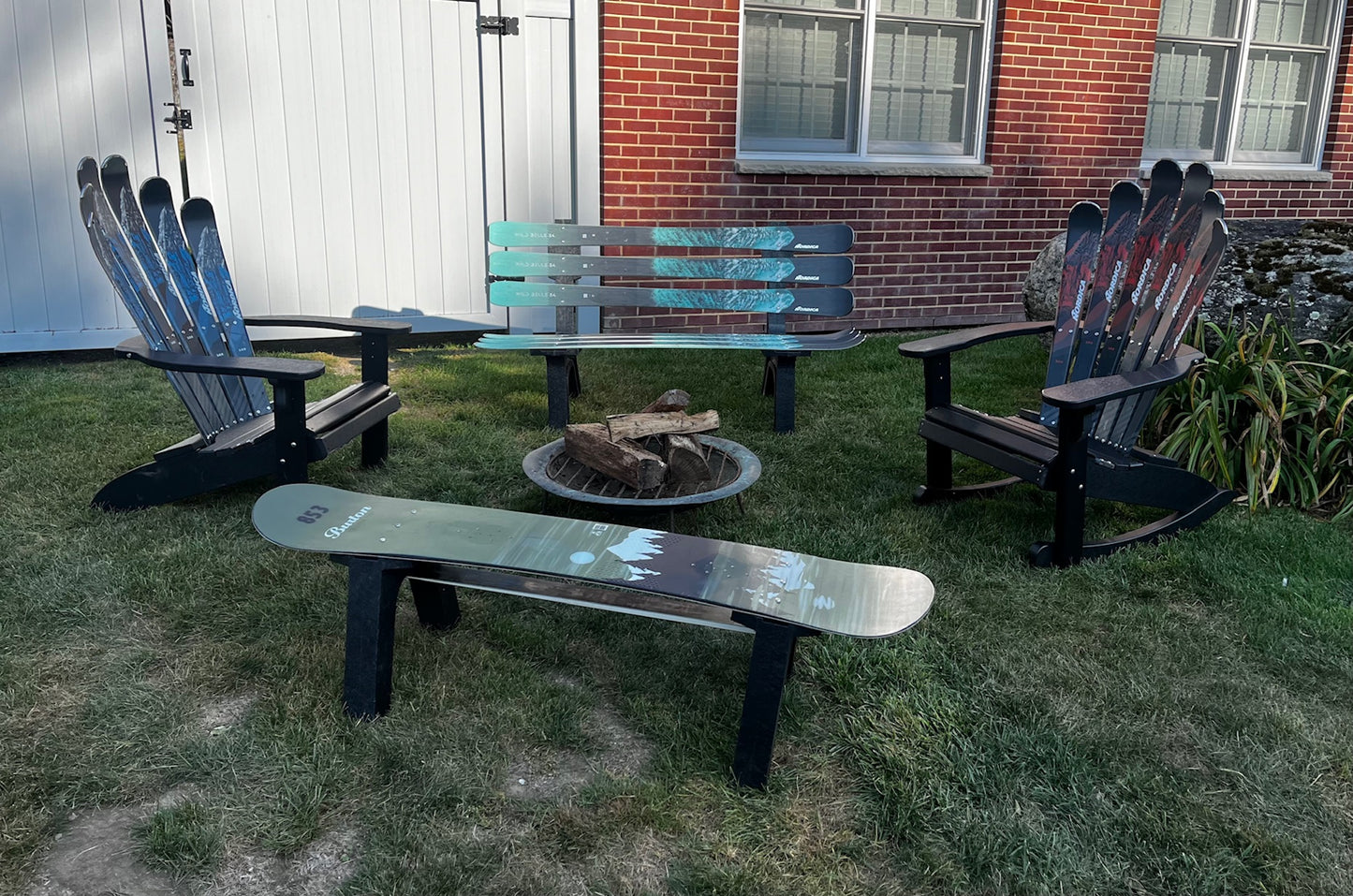 Ski Patio set - 4 piece - A Skichair, Snowboard or Snow Ski Table and Bench and a Ski Rocker