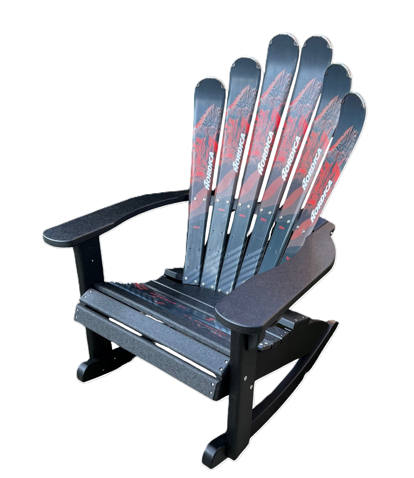 Ski Patio set - 4 piece - A Skichair, Snowboard or Snow Ski Table and Bench and a Ski Rocker