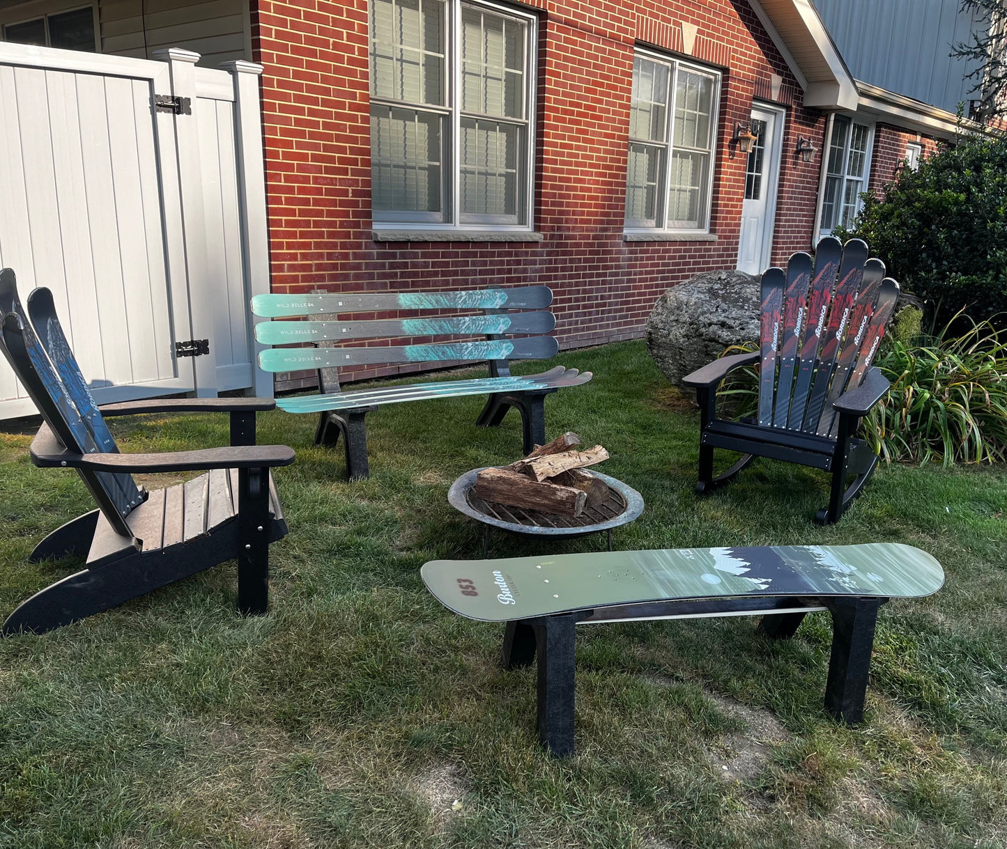 Ski Patio set - 4 piece - A Skichair, Snowboard or Snow Ski Table and Bench and a Ski Rocker