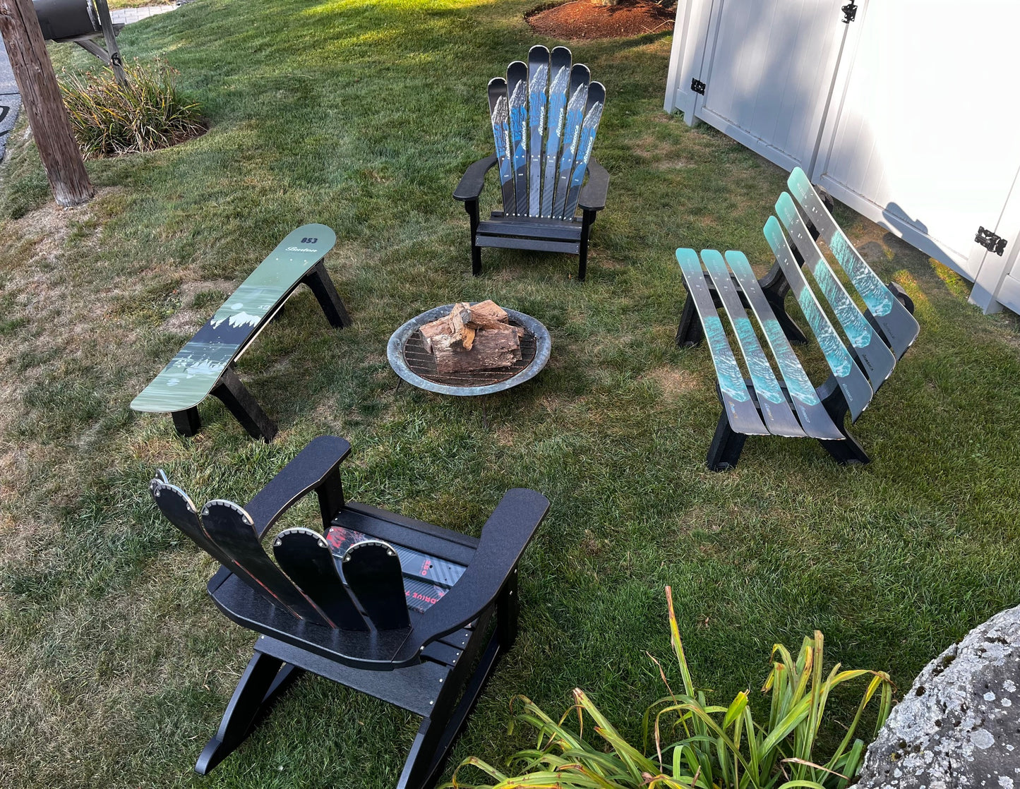 Ski Patio set - 4 piece - A Skichair, Snowboard or Snow Ski Table and Bench and a Ski Rocker