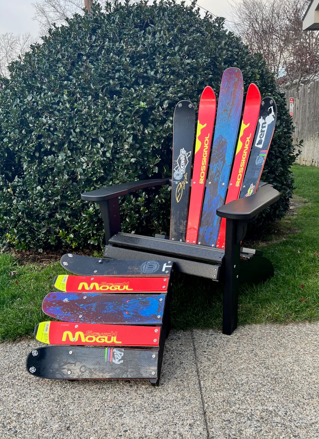 Ski Chair, Snow Ski Skichair Recycled Plastic Skichair and Ottoman Made with a real Snow Skis