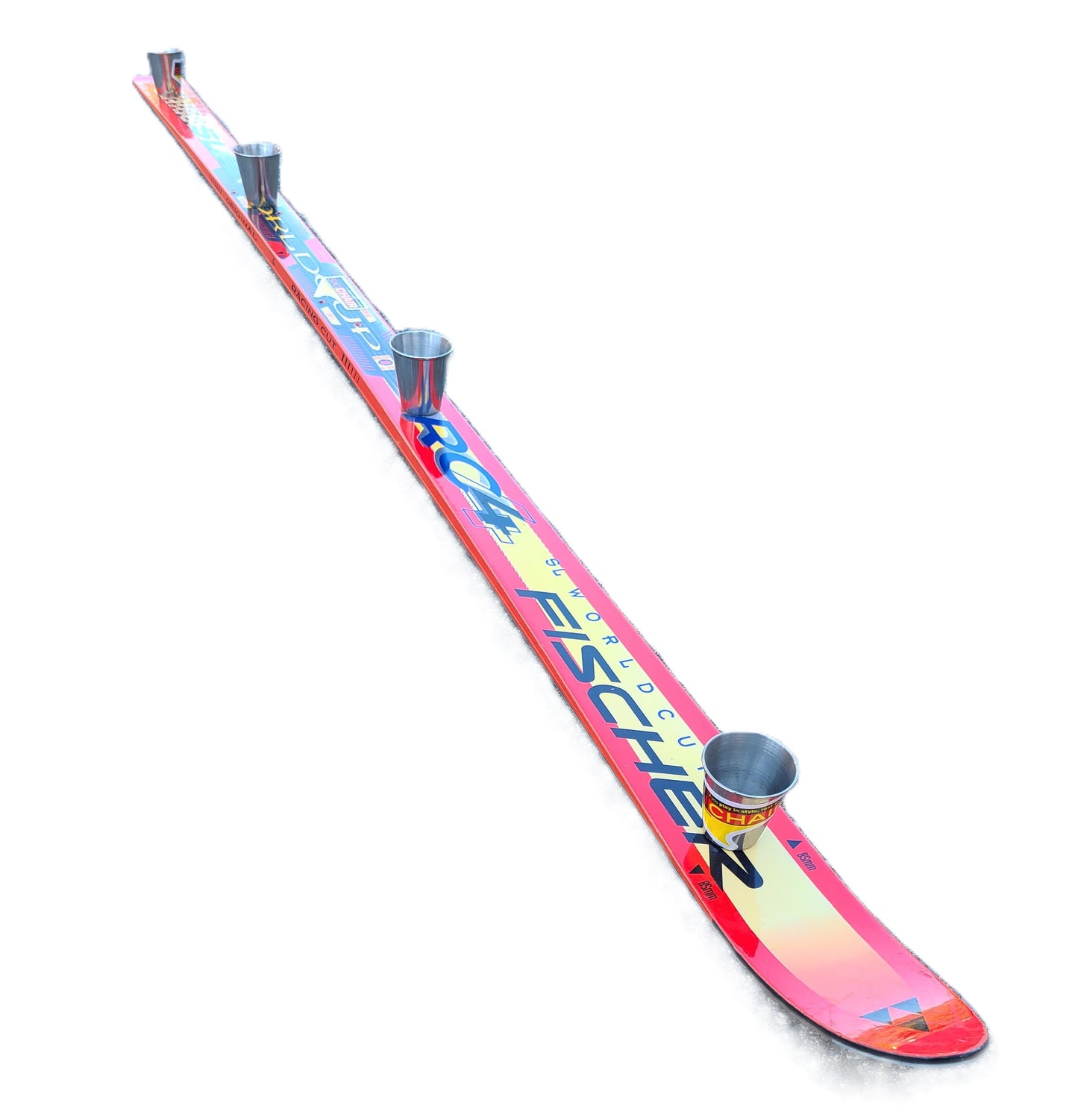 Shot ski 4 shot with holes and 4 plastic 2oz shot glasses - shotski made from a real snow skiiSnow Ski