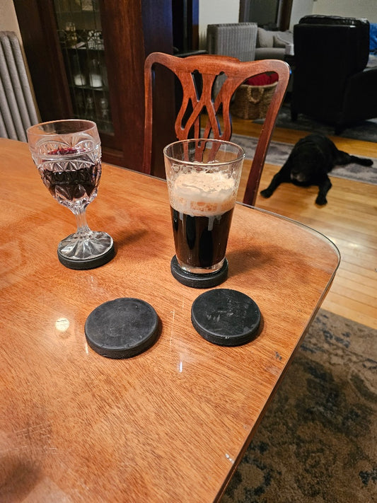 Drink Coasters   Hockey Puck Drink Coasters set of 6 made from a recycled Hockey Pucks
