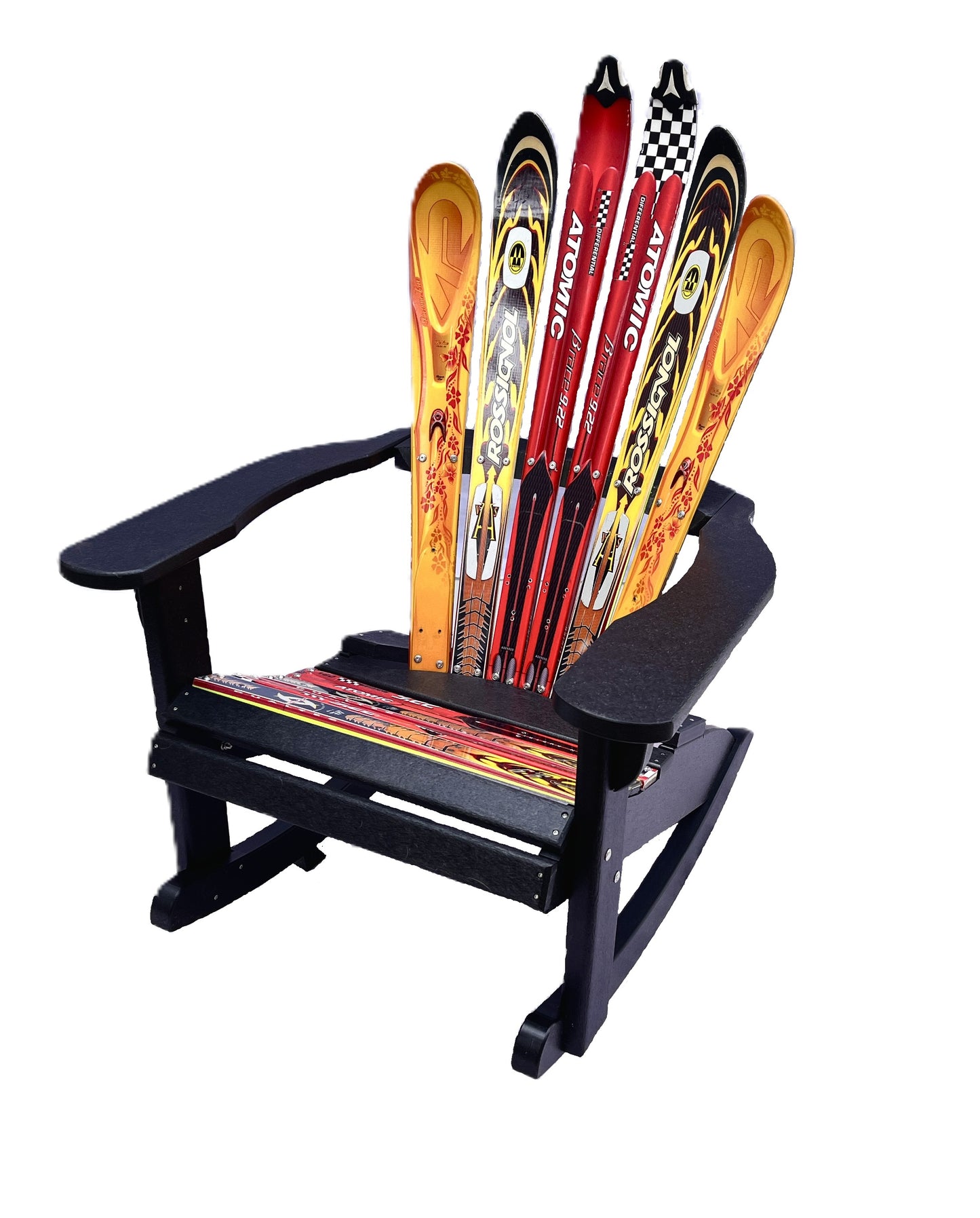 Ski Patio set - 4 piece - A Skichair, Snowboard or Snow Ski Table and Bench and a Ski Rocker