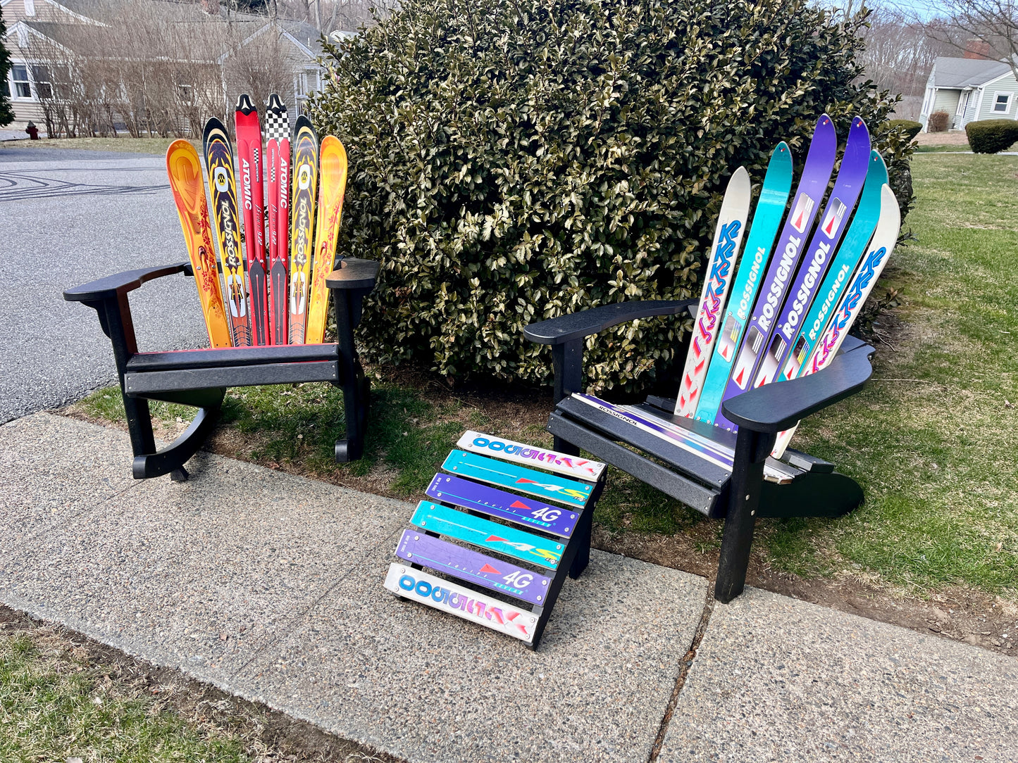 2 piece set of Skichairs Snow Ski Recycled Plastic Adirondack with Ottoman and Ski Rocker