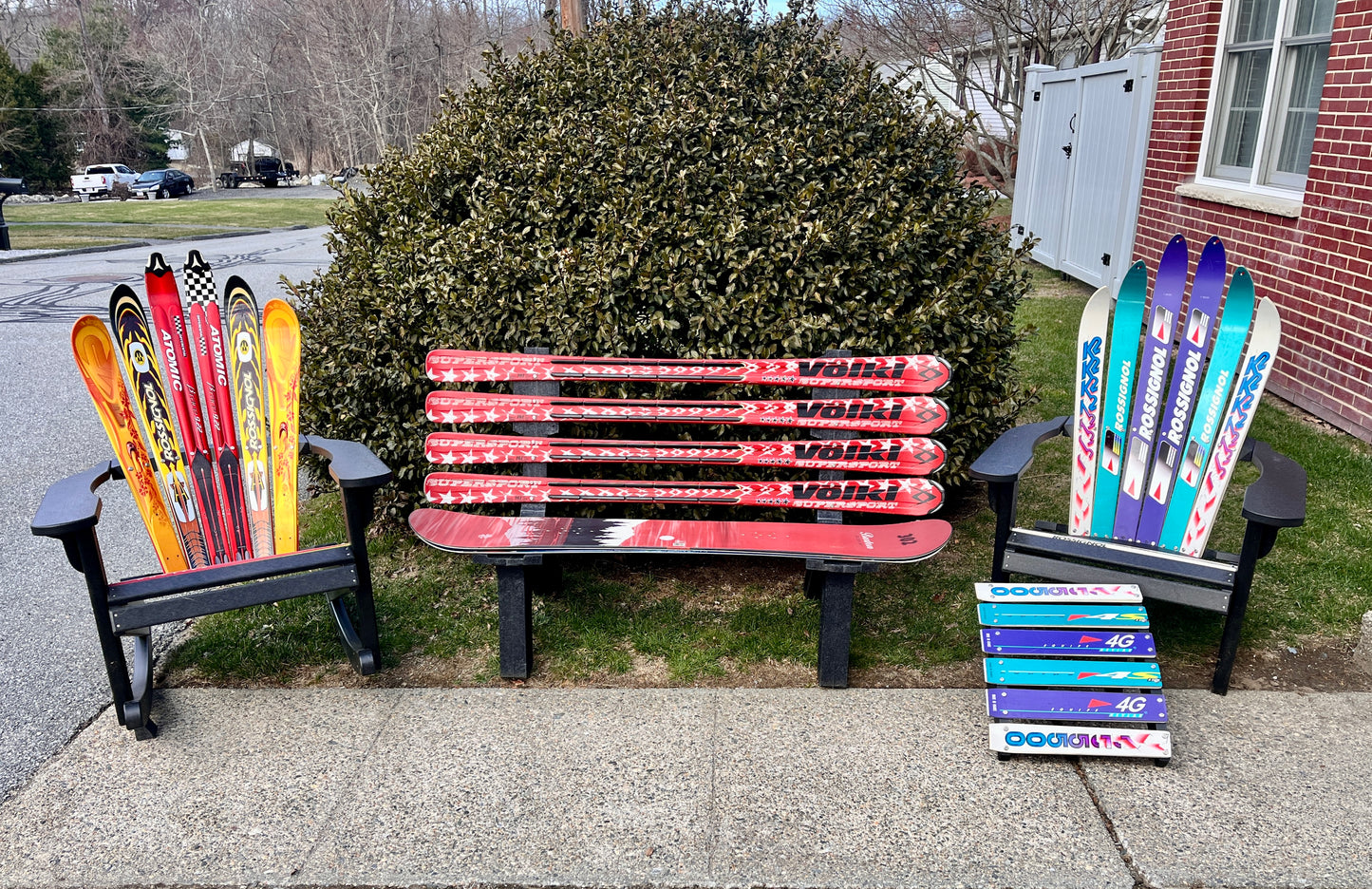 Ski Patio set - 3 piece - Customize your Recycled Snow Ski or Snow Board Patio set - Skichair, Bench and Rocker
