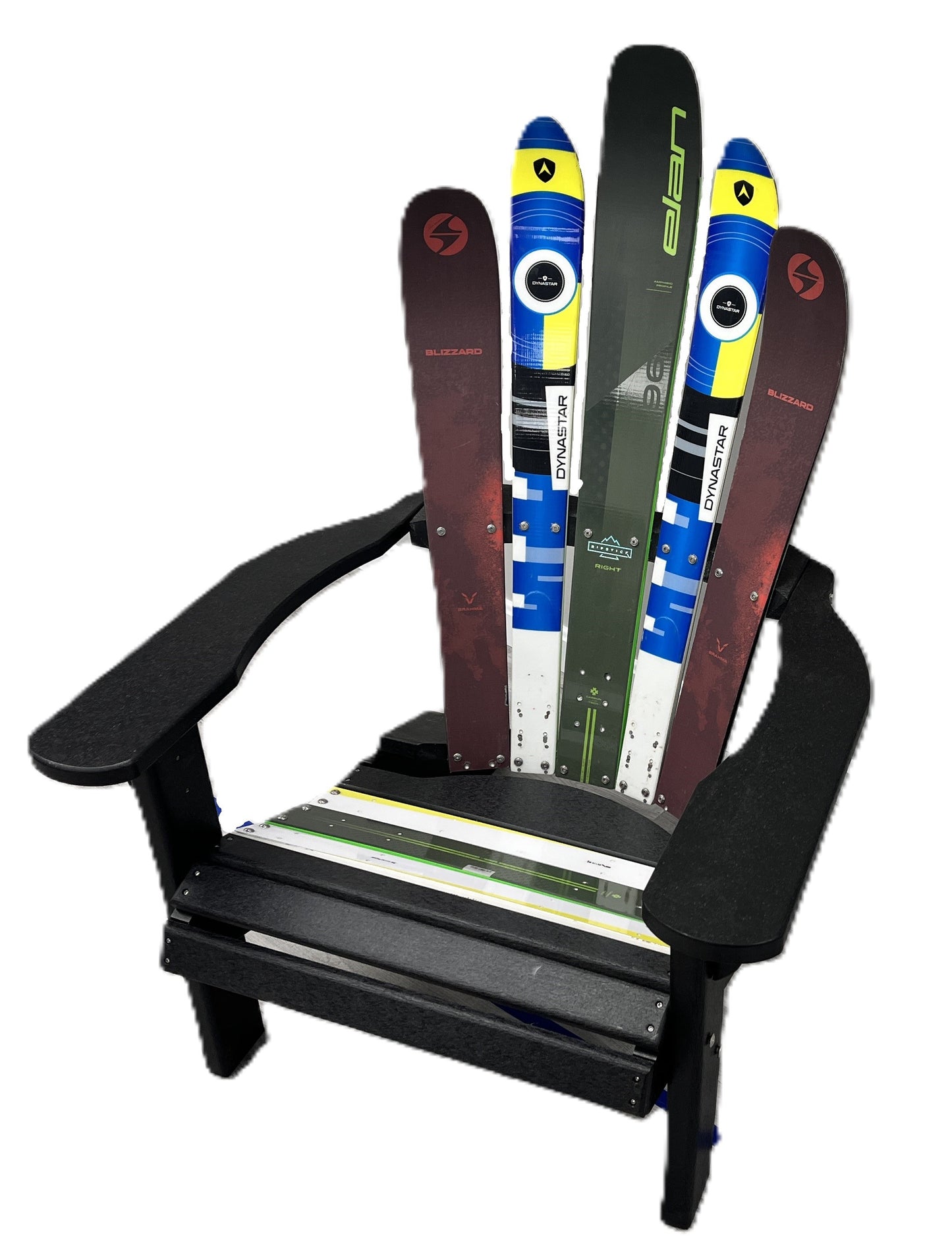 Ski Patio set - 4 piece - A Skichair, Snowboard or Snow Ski Table and Bench and a Ski Rocker