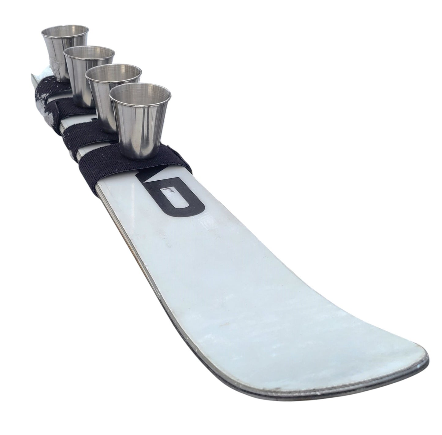 Shot Ski Travel Kit complete with 4 large 2.5oz Stainless shots Glasses and Velcro Strap to wrap the ski