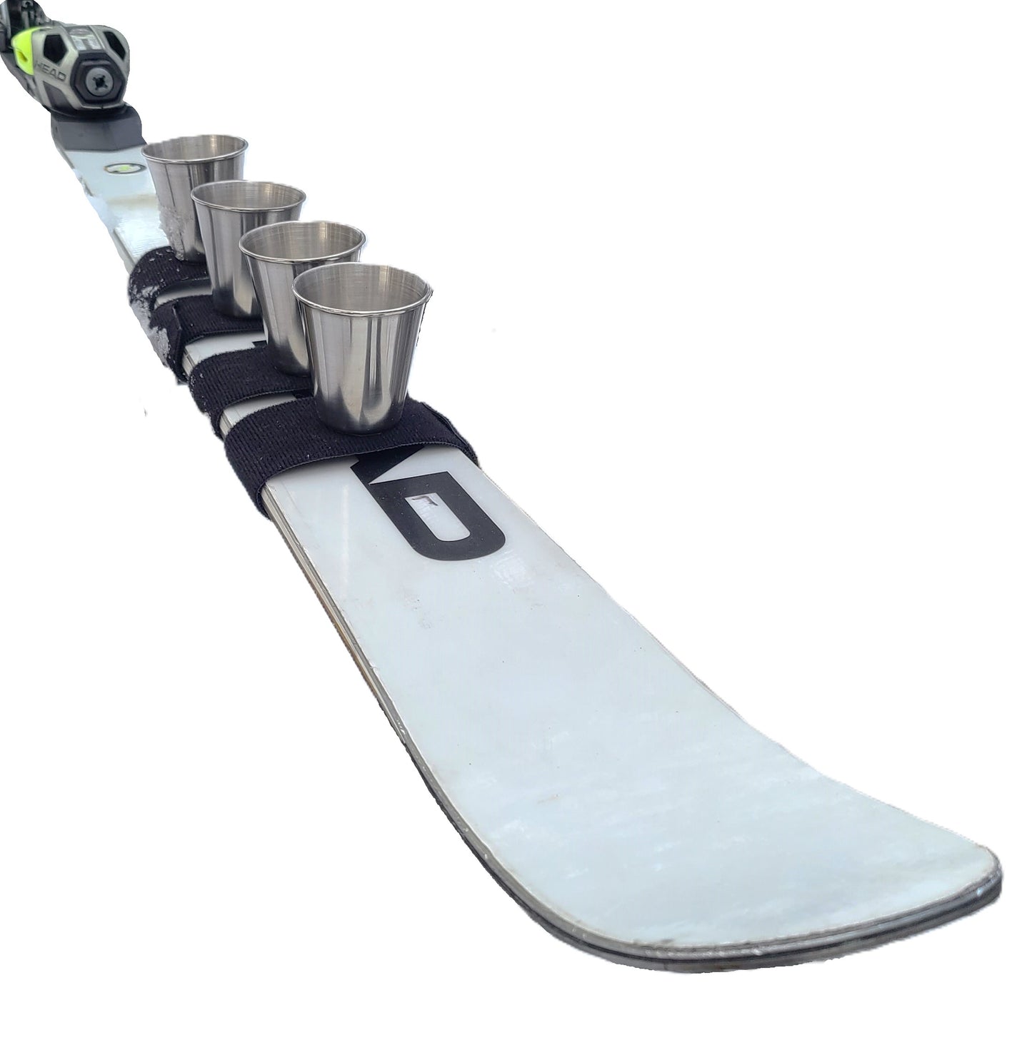 Shot Ski Travel Kit complete with 4 large 2.5oz Stainless shots Glasses and Velcro Strap to wrap the ski