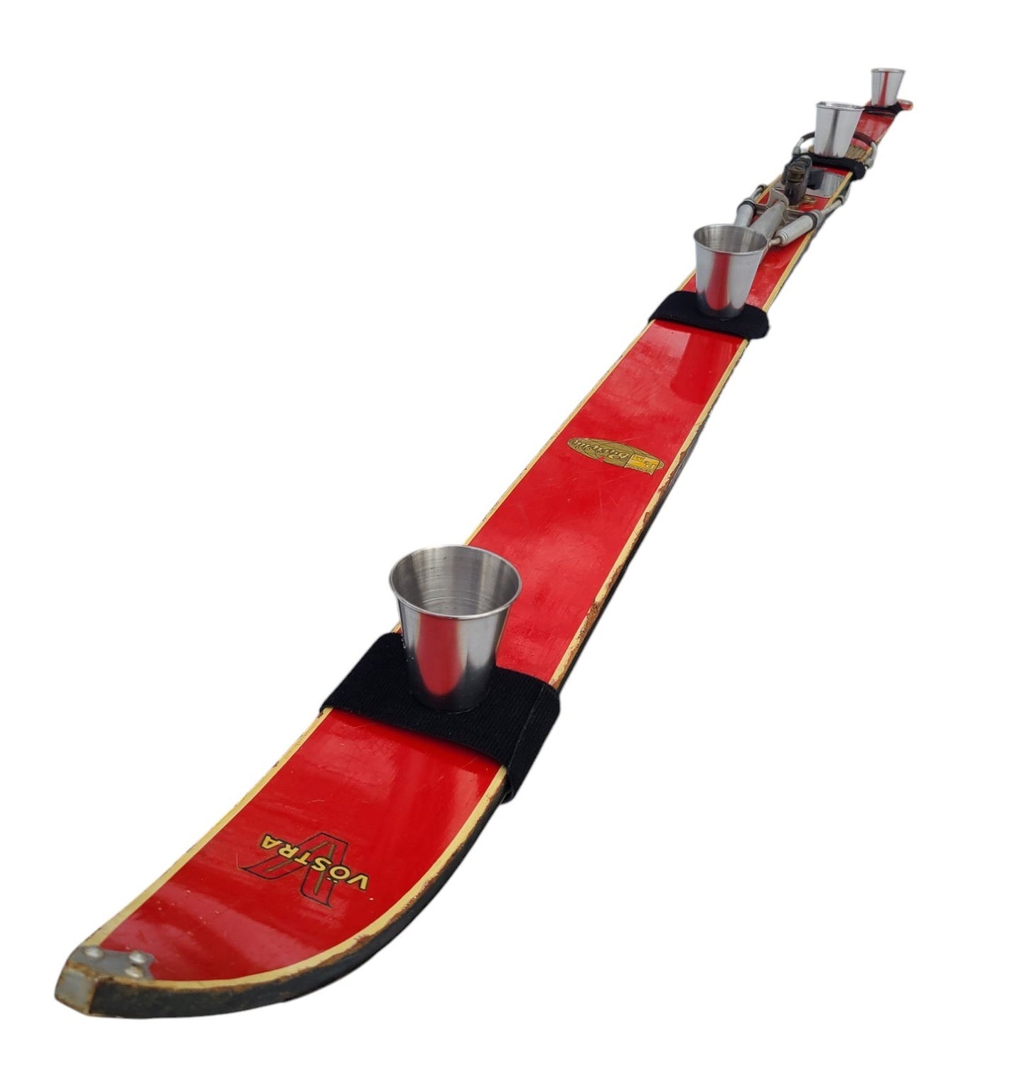 Shot Ski Travel Kit complete with 4 large 2.5oz Stainless shots Glasses and Velcro Strap to wrap the ski