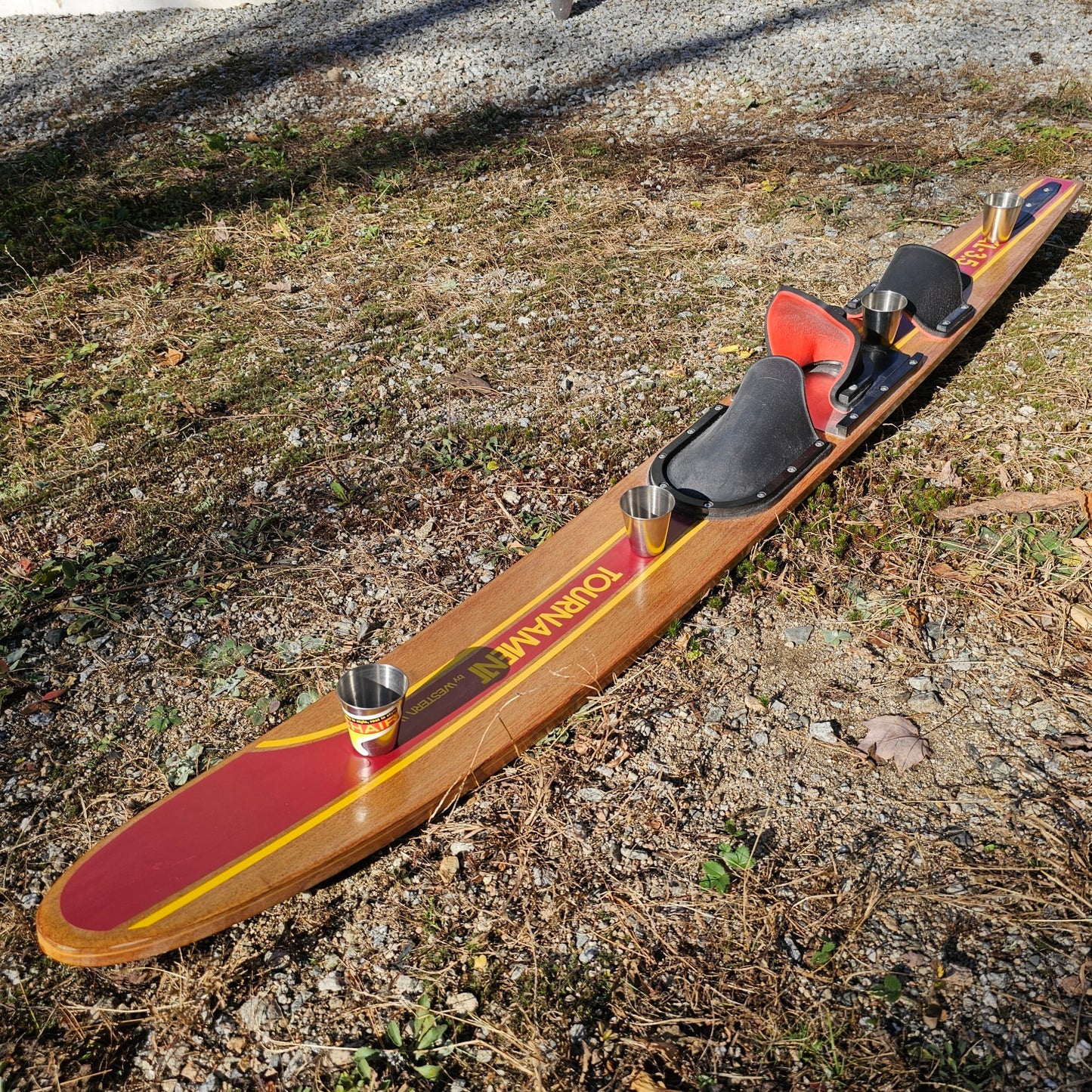 Shot Ski made from an Antique Western Wood Water Ski This is a New ski and never skied!! Shotski, 4 shot made from a real wooden water ski