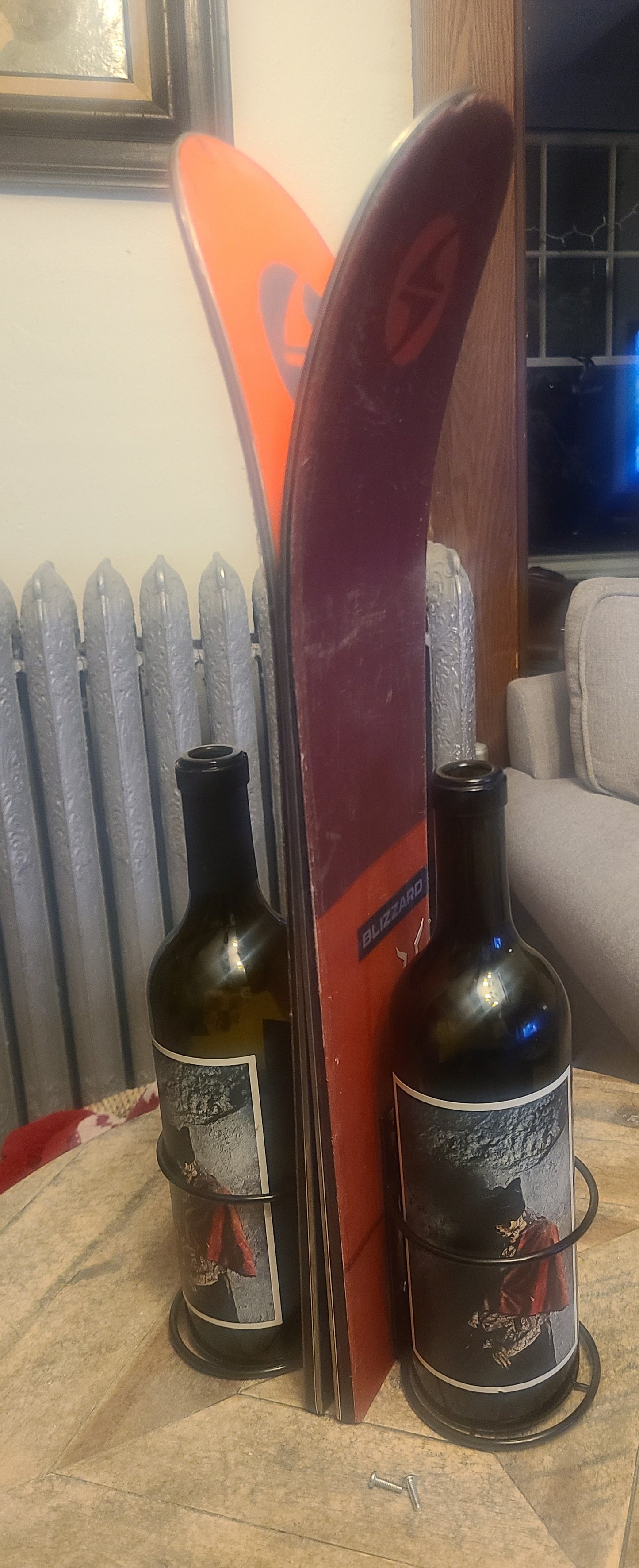 Snow Ski Wine Rack- Wall Mounted or table Top - set of 2 made from an authentic tip and tail of a snow ski