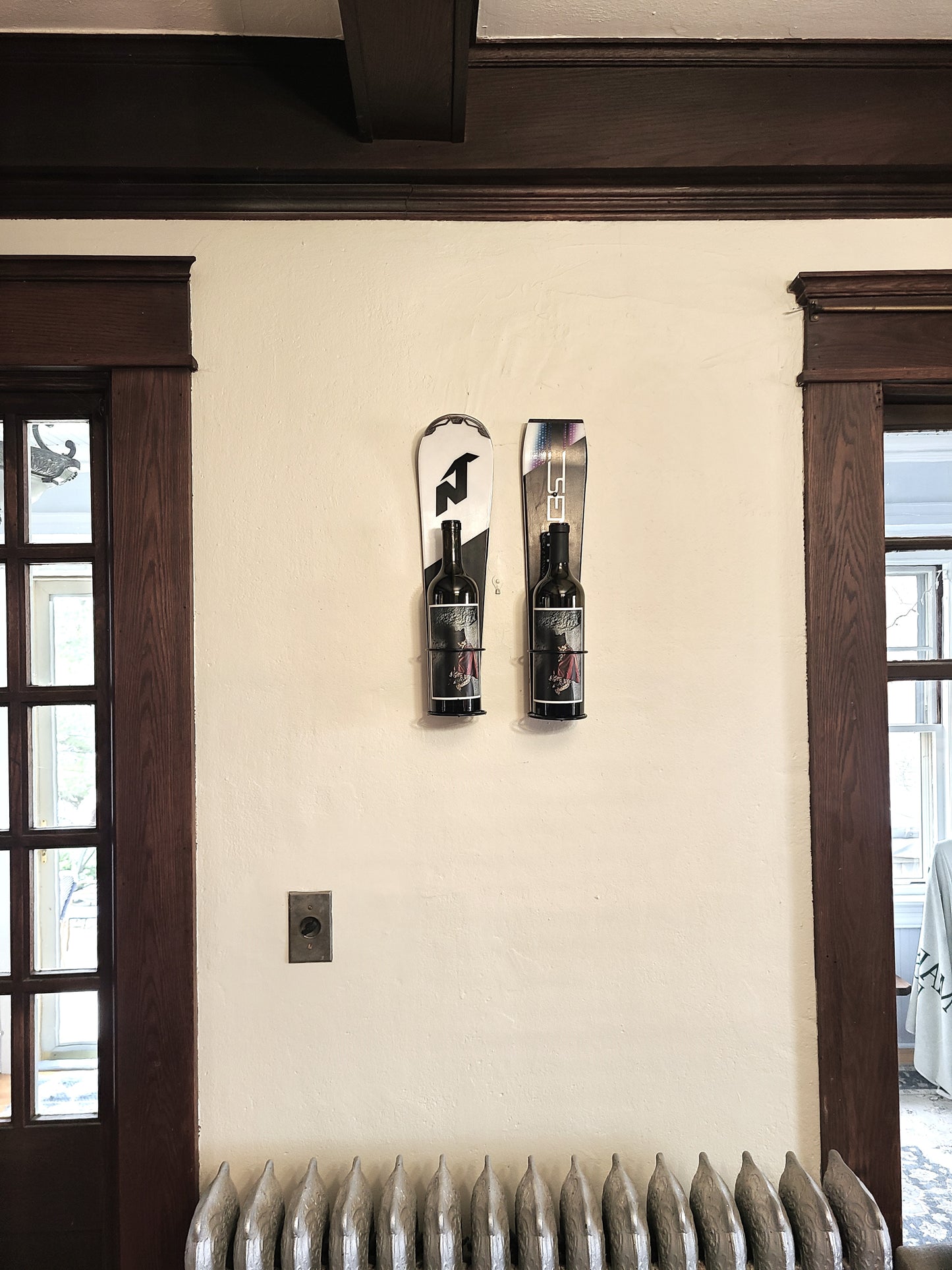 Snow Ski Wine Rack- Wall Mounted or table Top - set of 2 made from an authentic tip and tail of a snow ski