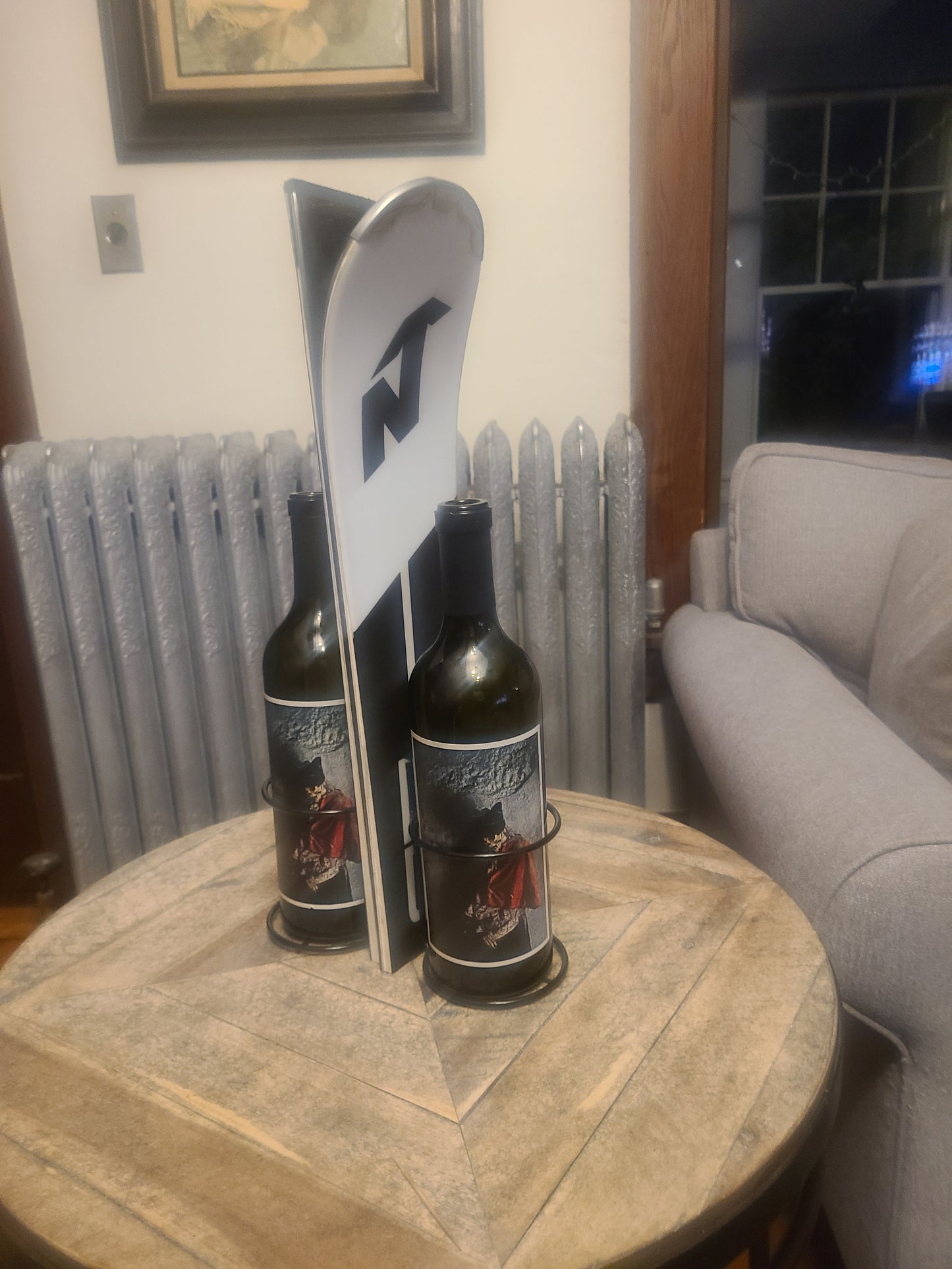 Snow Ski Wine Rack- Wall Mounted or table Top - set of 2 made from an authentic tip and tail of a snow ski