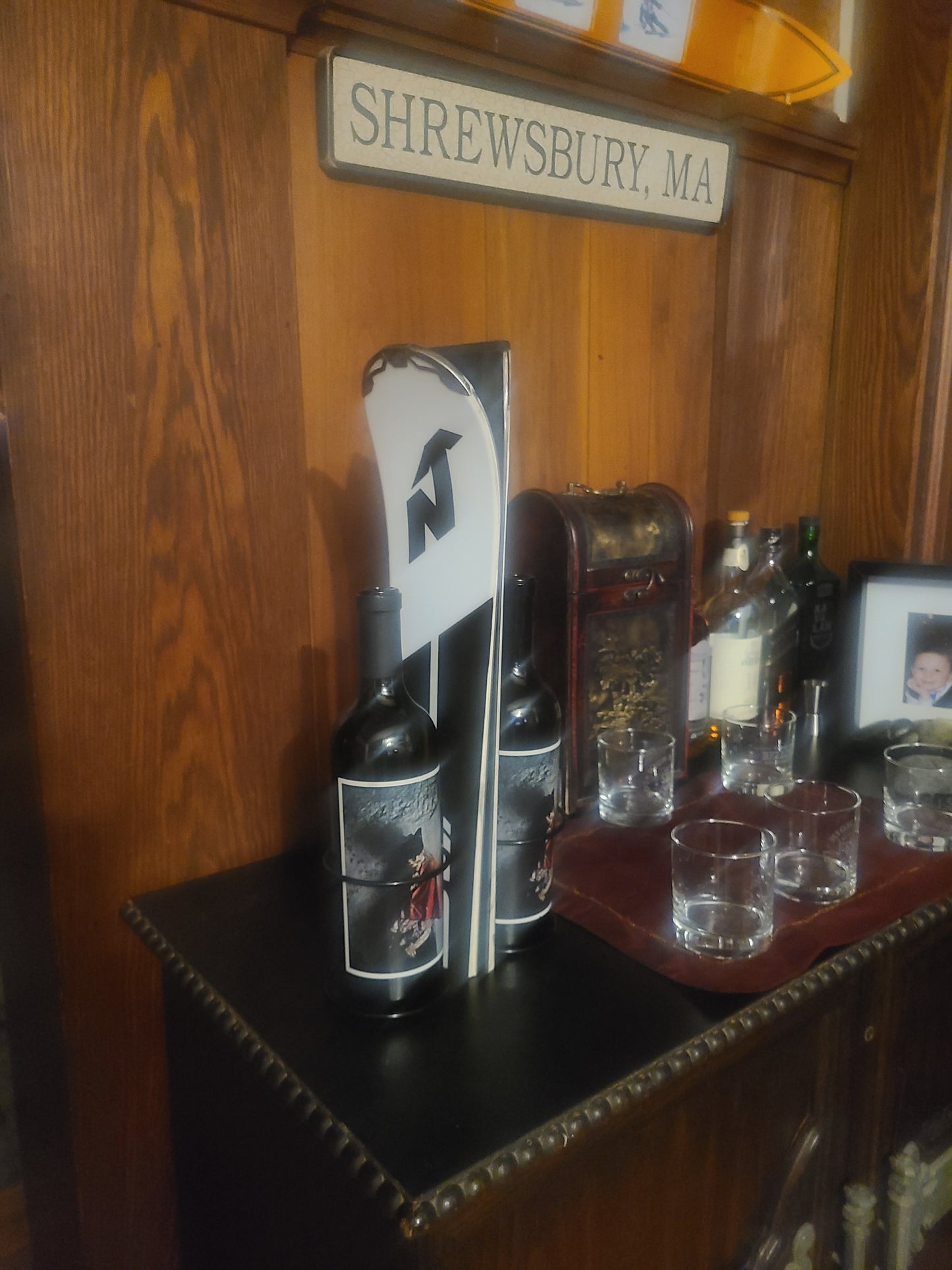 Snow Ski Wine Rack- Wall Mounted or table Top - set of 2 made from an authentic tip and tail of a snow ski