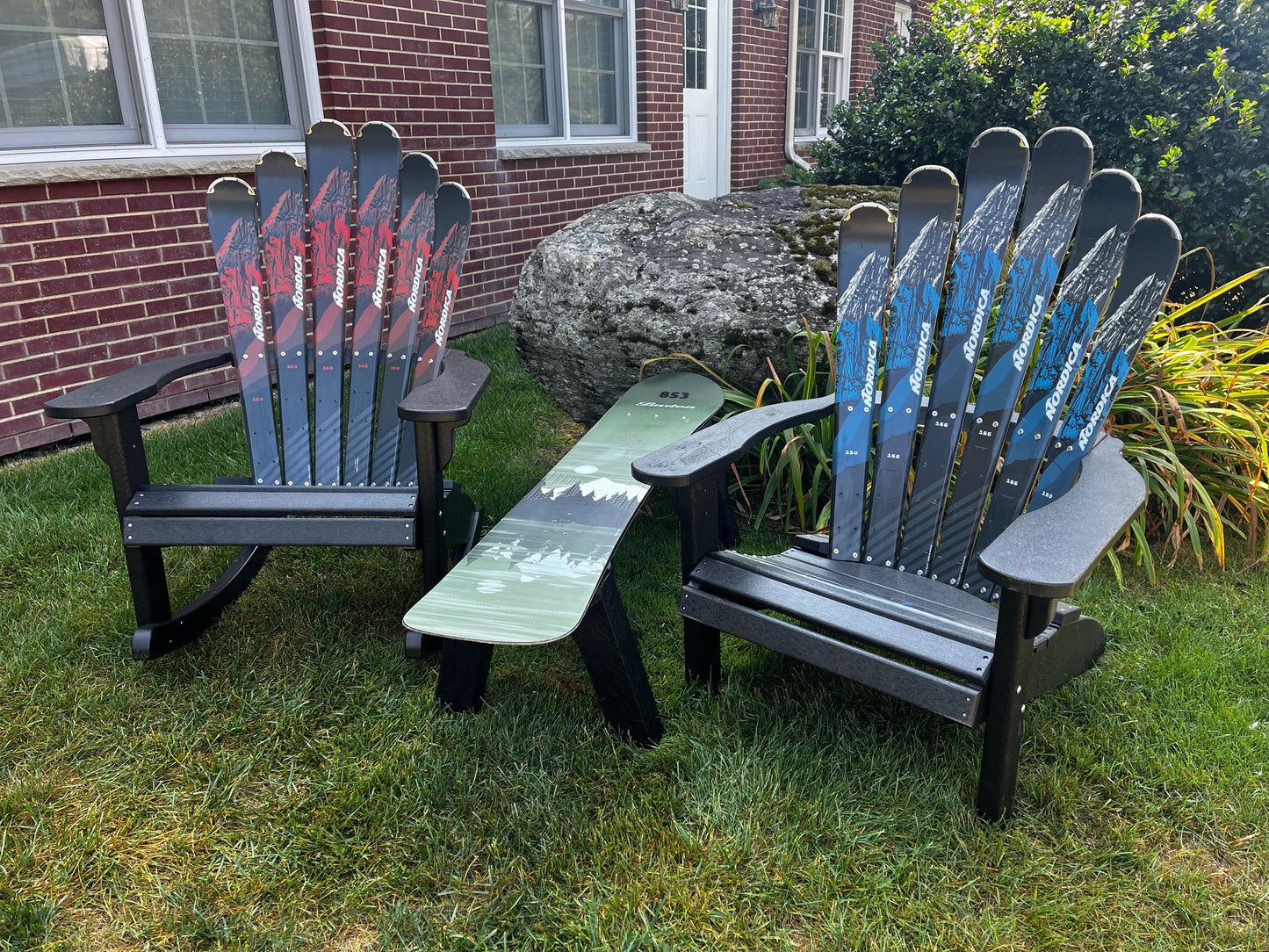 Ski Patio set - 4 piece - A Skichair, Snowboard or Snow Ski Table and Bench and a Ski Rocker