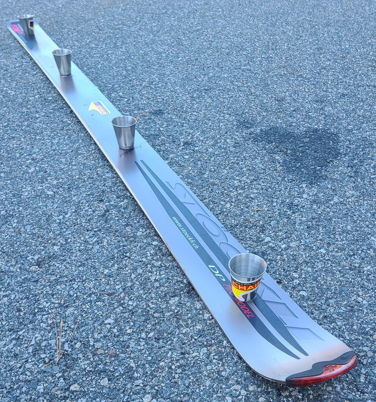 Shot Ski Stockli Stainless ONE OFF 4 shot, Shotski with Large 3 oz Shots made with a real stainless Stockli Ski