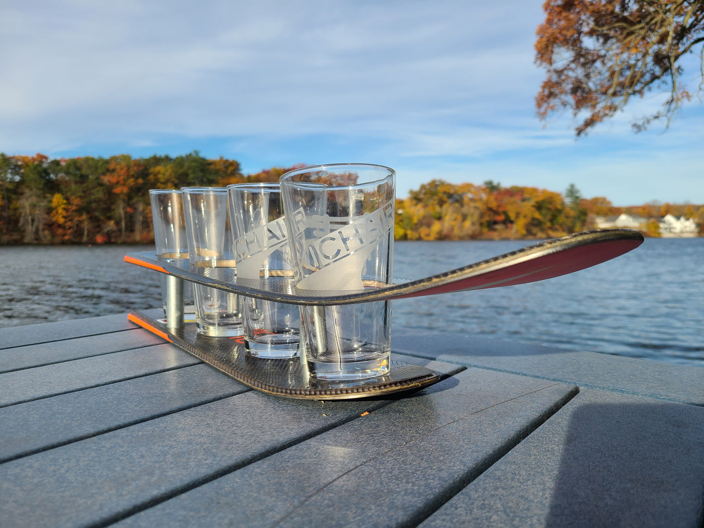 Beer Flight or Brewski Recycled Snow Ski Double Pint Beer Flight for Beer Cans or Pint glasses